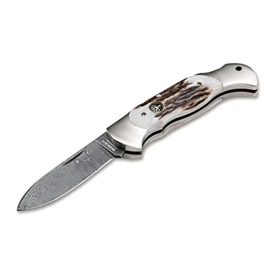 Afbeelding van Böker Manufaktur Solingen Scout Spearpoint Hertshoorn damast zakmes voor volwassenen, uniseks, zilver, 18,2 cm