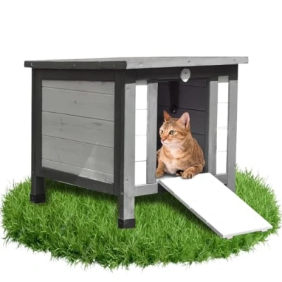 Afbeelding van Melko Kattenhuis grijs/wit 50 x 45 43 cm met inklapbaar deksel en helling, winterbestendig