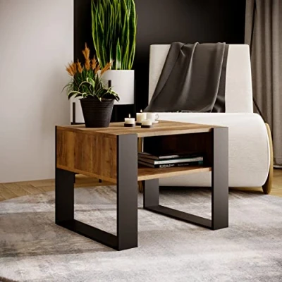 Afbeelding van MRBLS Salontafel, modern rustiek design, woonkamertafel, bijzettafel, koffietafel, theetafel van hout (retro eiken zwart mat), 65 x 45 53,6 cm (b h d)