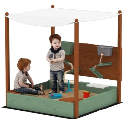Afbeelding van AIYAPLAY Sandkasten mit Dach, 116 x 112,5 cm Sandkiste aus Holz Sandbox Sitzfläche, 2 Behältern, Sand und Wasserspielzeug, Eimer Wasserhahn für 3 6 Jahre Kinder Grün