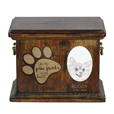 Afbeelding van Art Dog Custom Memorial Urn Handgemaakt Koud Gegoten Bronzen Portret op Berken Basis met Gepersonaliseerde Keramische Plaat 8,3x11,4x8,7 Chihuahua langharig