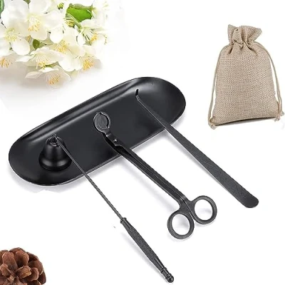 Afbeelding van QeeHeng Kaars Snuffers Wick Trimmer Set van alle Kaarsen 4 in 1 Vlam Cutter Fire Stopper Met Lade, Roestvrij Metalen Uitschakelen Kit, Blusser (Zwart)