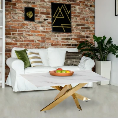 Afbeelding van Naelle salontafel van glas met marmereffect en gouden poten Menzzo