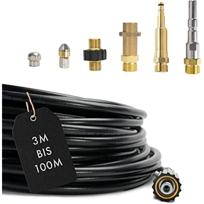 Afbeelding van Buisreinigingsslang (7 delig) PROFESSIONAL voor Kärcher Kränzle NILFISK ALTO WAP HD HDS aansluiting 1/8&quot; AG: M22 x 1,5 IG &amp; bajonetadapter adapter KEW 2x sproeiers Quick Connect (15 meter)