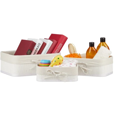 Afbeelding van Relaxdays 6 delige opbergmanden set bamboe &amp; stof opbergboxen stapelbaar wit