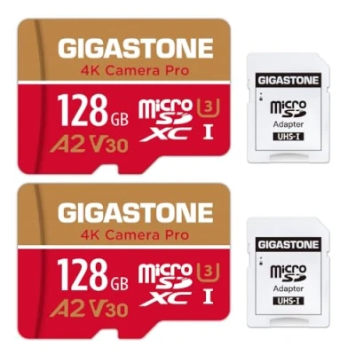 Afbeelding van [5 jaar gratis gegevensherstel] Gigastone geheugenkaart 128 GB set van 2 kaarten, 4K Pro camera, compatibel met GoPro Switch, snelheid 100 MB/s. A2 U3 V30 Micro SDXC kaart SD adapter.