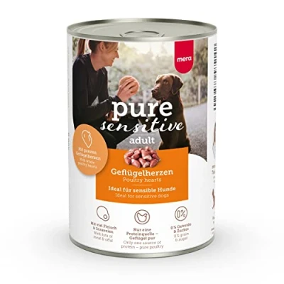Afbeelding van MERA Pure Sensitive gevogelteharten (6 x 400 g), nat hondenvoer met een hoog vleesgehalte en graanvrij, natvoer van 100% dierlijke eiwitten voor gevoelige honden, single proteïne