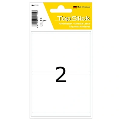 Afbeelding van TopStick 1355 huishoudetiketten groot (55 x 82 mm, 5 vellen, papier, mat) zelfklevend, permanent klevende multifunctionele labels voor handschrift, 10 etiketten, wit
