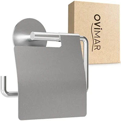 Afbeelding van ovimar toiletrolhouder Hanstholm zonder boren zilver zelfklevend in roestvrij staal met deksel soft close mechanisme voor het vastplakken van 3M