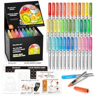 Afbeelding van Shuttle Art Automatische inktcontrole acrylverfpennen, 48 kleuren penseelpunt verfstiften, verfpen voor rotsschildering, keramiek, hout, stof, glas, steen, kunstmarkeerstiftenset doe het zelf en