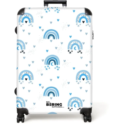 Afbeelding van NoBoringSuitcases.com® Koffer groot Reiskoffer lichtgewicht Blauw regenboogpatroon met hartjes Rolkoffer 4 wielen Grote trolley XL 98 liter bagage