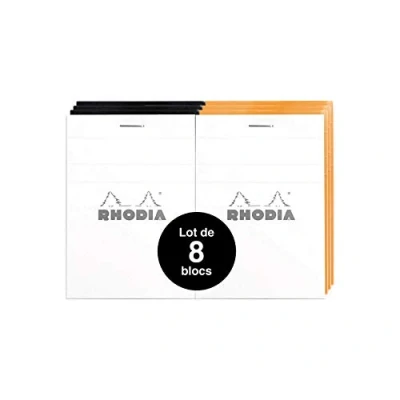 Afbeelding van RHODIA 112019Amzc Set van 8 geniete notitieblokken nr. 11 zwart/oranje/wit A7 kleine ruitjes 80 afneembare vellen wit licht papier g/m² zachte en duurzame omslag