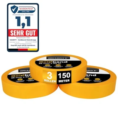 Afbeelding van HASKYY Goldband afplakband 3x schilderstape 25 mm x 50 m professionele schildertape washi tape goud papiertape zelfklevend