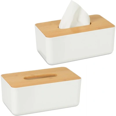 Afbeelding van Relaxdays 2x tissue box kunststof tissuehouder zakdoekjesdoos deksel van bamboe