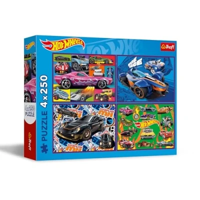 Afbeelding van Trefl 4 in 1 puzzels: Hot Wheels, autoraces x 250 Stukjes Set met vier puzzels voor tieners