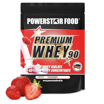 Afbeelding van Powerstar PREMIUM WHEY 90 Protein Powder 850 g 81% Eiwit Wei Poeder Gemaakt in Duitsland 55% CFM Isolaat &amp; 45% Concentraat rijk aan EAA BCAA Strawberry