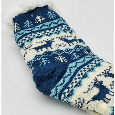Afbeelding van Merino schapen Wollen sokken Blauw met Dennenbomen Maat 39/42 Huissokken Anti slip Warme Winter