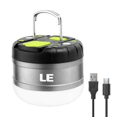 Afbeelding van LE Led campinglamp, oplaadbare zoeklamp, draagbaar en handig, met haken, 3 helderheidsniveaus, dimbaar, noodlamp voor stroomuitval, wandelen, kamperen, noodgevallen enz.