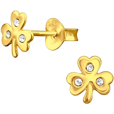 Afbeelding van JoyS Zilveren klaver oorbellen 6 x 7 mm kinderoorbellen met kristalletjes 14k goudplating