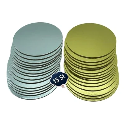 Afbeelding van Cake board set taartbord in goud en zilver van 3 mm dik karton verschillende hoeveelheden voor het serveren, transporteren stapelen taarten gebak