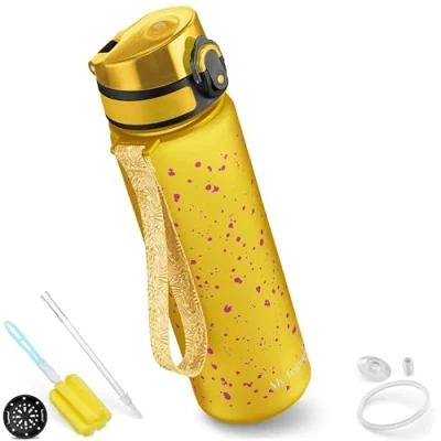 Afbeelding van My Vesperbox Minny Drinkfles voor kinderen, lekvrij, met rietje of zeef, 350 ml, 500 750 lichte Tritan waterfles, BPA vrij, kleuterschool, school, oranje vlekken, ml