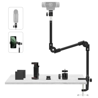 Afbeelding van Webcamhouder, camerahouder, 63,5 cm, KDD webcam standaard met mobiele telefoonhouder &amp; 5/8 inch shraube, lichtstatief klem 360 zwanenhals voor Logitech C922 C930e C920 C925e C615 Brio 4K, GoPro Hero, Blue Yeti