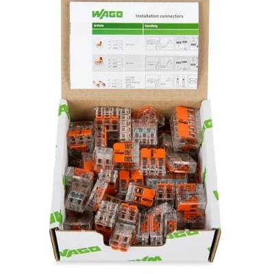 Afbeelding van WAGO Verbindingsklemmenset 887 995 75 delig, met verschillende verbindingsklemmen uit de serie 221 voor alle soorten ladders, in praktische hersluitbare box