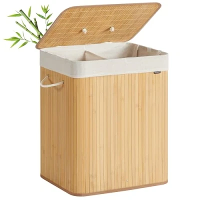 Afbeelding van SONGMICS Wasmand met deksel, 2 compartimenten, 120 liter, bamboe wasmand, opvouwbaar, afneembaar en machinewasbaar, waszak handgrepen, voor wasruimte, slaapkamer, natuurlijke kleur LCB014Y01