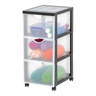 Afbeelding van Iris Ohyama, Toren, Ladekast, Kunststof opbergorganizer met ergonomisch handvat, 15L, 3 laden, wielen, BPA vrij, Kantoor, Slaapkamer, Woonkamer, DDDC 303, zwart