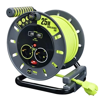 Afbeelding van Masterplug Pro XT Rolkabel, 25 m, USB verlenging, 4 Schuko stopcontacten + USB, elektrische 3.000 W, grijs/pistachegroen