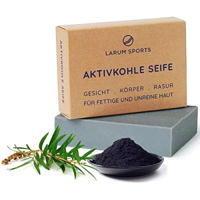 Afbeelding van larum sports Zwarte zeep, actieve koolzeep met theeboomolie tegen acne en puistjes, gezichtszeep voor onzuivere vettige huid, 90 g