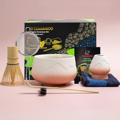Afbeelding van TEANAGOO Japanse Matcha Set (7st) Klopper Mtacha Kit Kom Bamboe (Chasen) Schep (chashaku) Houder. N25, Gradiënt Roze, Groene Theepoeder