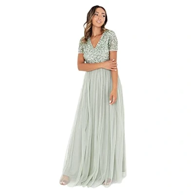 Afbeelding van Maya Deluxe Dames jurk voor bruiloft gast plus size rijk hoge taille pailletten korte mouw avond bruidsmeisje, Groen, 42 EU