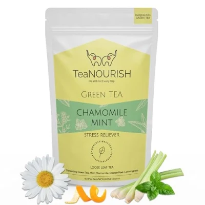 Afbeelding van TeaNOURISH Chamomile Mint Green Tea Darjeeling Loose Leaf Natural Sleep with Calming &amp; Relaxing Properties 50 Cups Hot or Iced 100g
