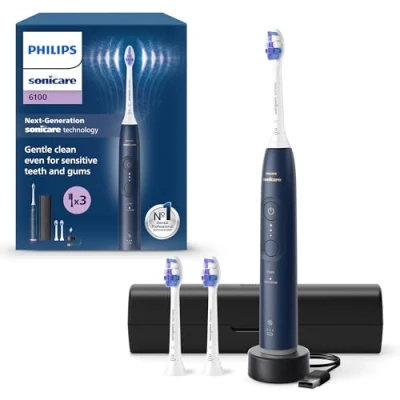 Afbeelding van Philips Sonicare 6100 elektrische tandenborstel, sonische tandenborstel met 2 poetsstanden en 3 intensiteitsniveaus, drukwaarschuwing, EasyStart, SmartTimer, reisetui, marineblauw, model HX7403/01
