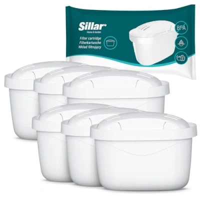 Afbeelding van Sillar Waterfilterpatronen compatibel met BRITA Maxtra+, Marella, Aluna, Elemaris, verpakking van 6 stuks, actieve kool en ionenwisselaar, BPA vrij, vermindert kalk chloor, voor schoon drinkwater