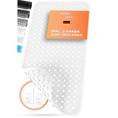Afbeelding van LICHTENHEIM Douchemat, antislip, 88 x 39 cm, inclusief 2 haken, badmat, ruitdesign, antislipmat, badkuip, BPA vrij, schimmelbestendig en wasbaar, wit