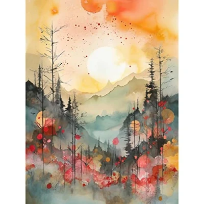 Afbeelding van Artery8 Sunrise Over Misty Mountain Forest Landscape Modern Watercolour Painting Extra Large XL Wall Art Poster Print