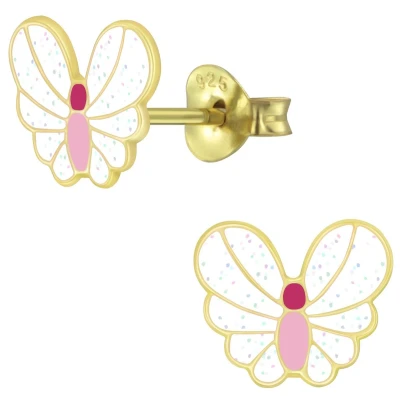 Afbeelding van JoyS Zilveren vlinder oorbellen 8 x 7 mm glitter wit 14k goudplating