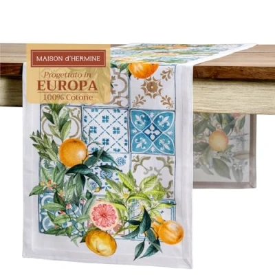 Afbeelding van Maison d&#039; Hermine Tafelloper, 100% katoen, 50 cm x 150 cm, decoratieve wasbare paas tafelloper voor eten, buffetfeesten en camping, agrume, lente/zomer