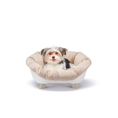 Afbeelding van Ferplast hondenbed &amp; kattenbed met kussen, wasbaar, verhoogd hondenbed, kunststof klein, hondenmand en kattenmand, ademend antislip, SOFA&#039; THRONE 64 x 48 h 29,5 cm, wit