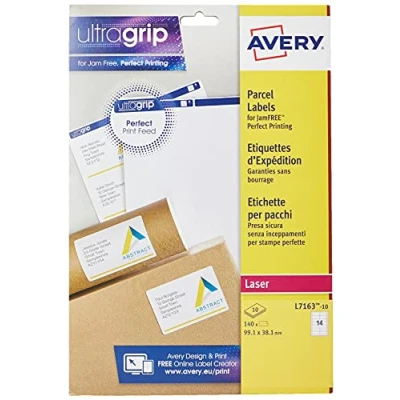 Afbeelding van Avery Zelfklevende adres verzendetiketten, laserprinter, 14 etiketten per A4 blad, 140 etiketten, UltraGrip (L7163), wit