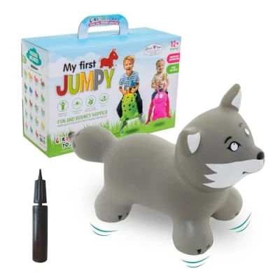 Afbeelding van GERARDO&#039;S Toys GT69430, My First Jumpy Animal Space Hopper voor kinderen leeftijd 1 jaar, Bouncy Ride op Wolf met pomp, opblaasbare bouncer peuters binnen