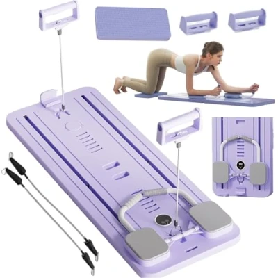 Afbeelding van EFGETD Pilates Reformer Machine Board Set Ab Roller Oefenwiel Automatische Rebound Opvouwbare Buikoefening Apparatuur met Weerstandstouw en Timer (Paars1)