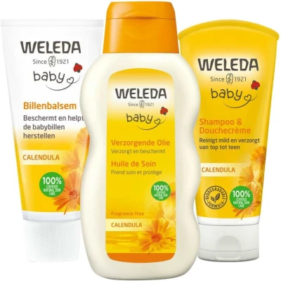 Afbeelding van Weleda Baby Musthave Calendula Verzorgende Olie 1 x 200 ml, Billenbalsem 75 ml&amp;Babyshampoo&amp;Douchecrème ml Pakket