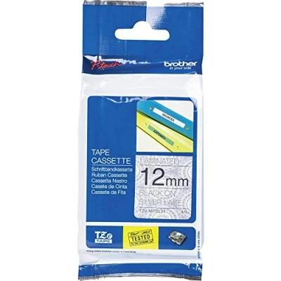 Afbeelding van Brother Originele P touch tape TZe MPSL31 (12 mm breed, o.a. voor H100LB/R, H105, H200, E100/VP, D200/BW/VP, D210/VP, 4 m lang, gelamineerd) zwart op zilveren punten