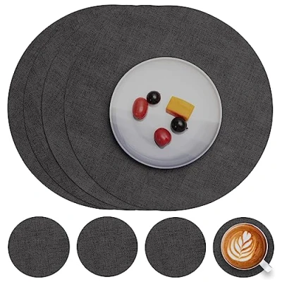 Afbeelding van Myir JUN Lederen Placemat Rond en Onderzetters, Tafelmatten Waterdichte Afveegbare Dubbelzijdige Plaats Matten Koffiematten Antislip Wasbare Placemats Coaster (Grijs, Sets 4)