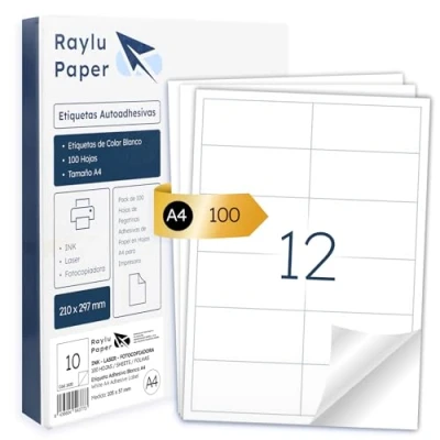 Afbeelding van Raylu Paper ® zelfklevende witte etiketten om af te drukken, papieren stickers op A4 vellen voor inkjetprinters, laser en fotokopieerapparaten, 12 per vel (97 x 42,3 mm)