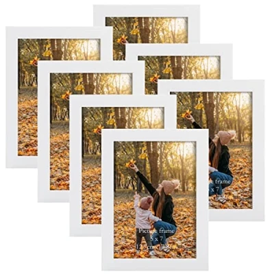 Afbeelding van EXYGLO Set van 7 fotolijsten 13 x 18 cm met witte houtnerf, fotolijst, collageset echt glas, wand of tafelstandaard