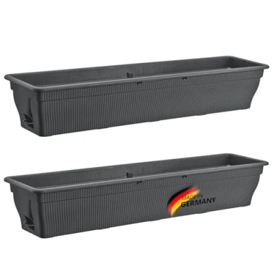 Afbeelding van Balkonbak, 100 cm, bloembak met waterreservoir, antraciet, 25 liter, bloembak, weerbestendig, inzetstuk, lange balkonbakken voor tuin en balkon, grijs, 2 stuks